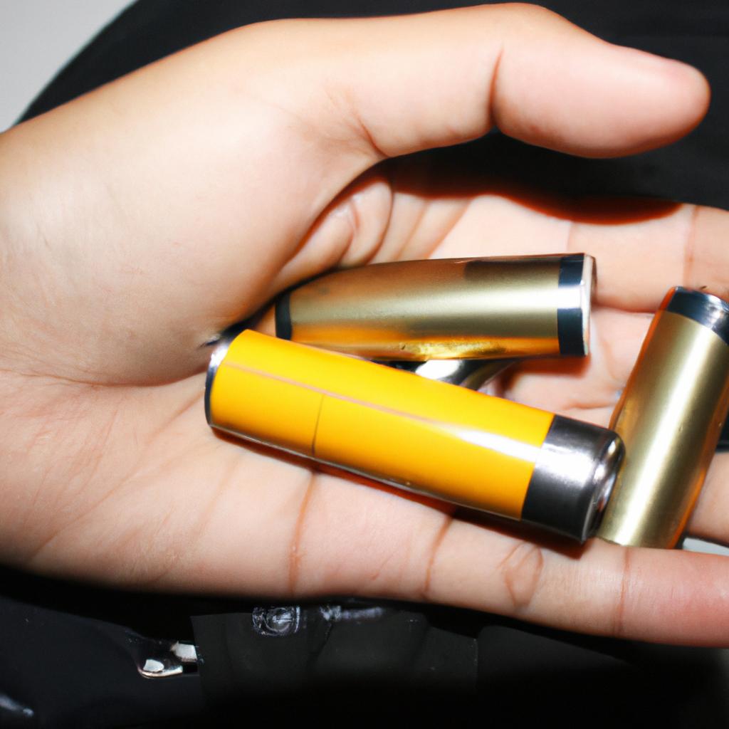 Person holding batteries, emergency supplies