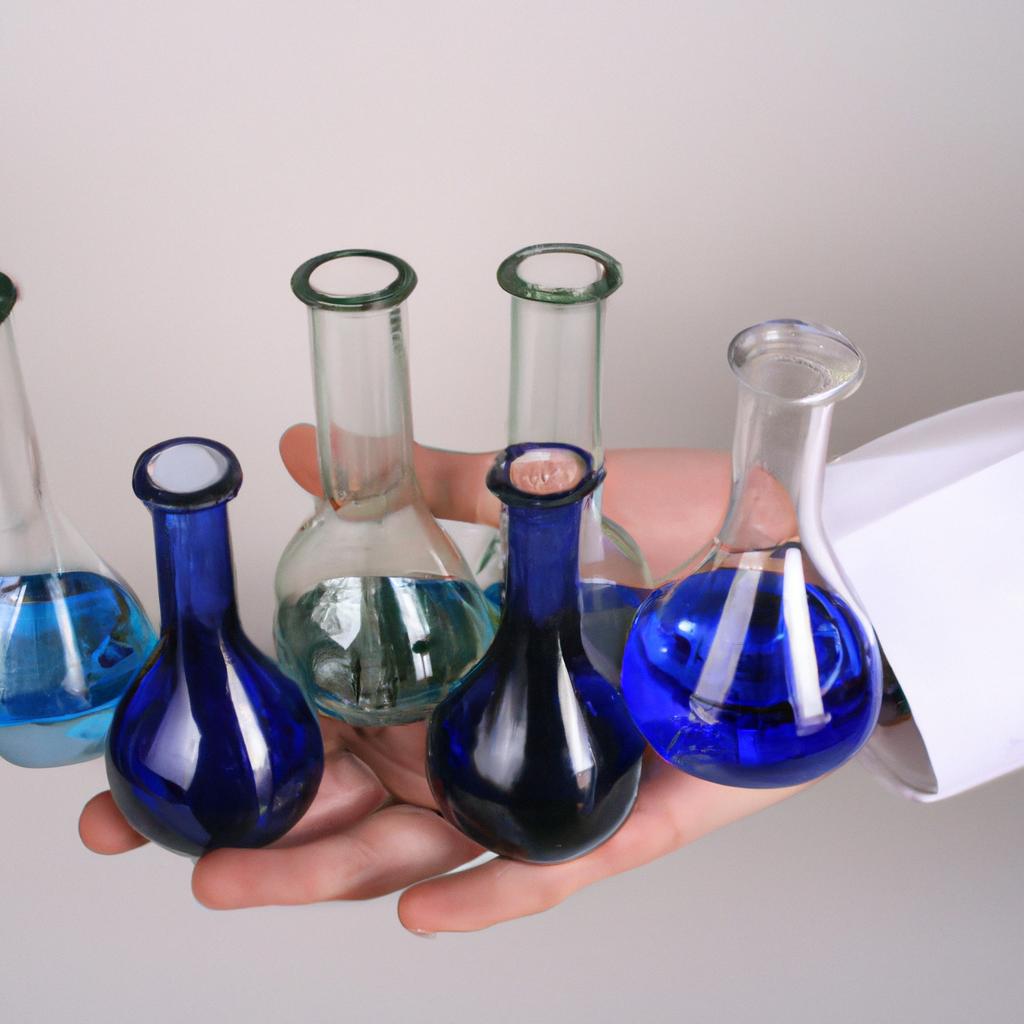 Person holding various laboratory flasks