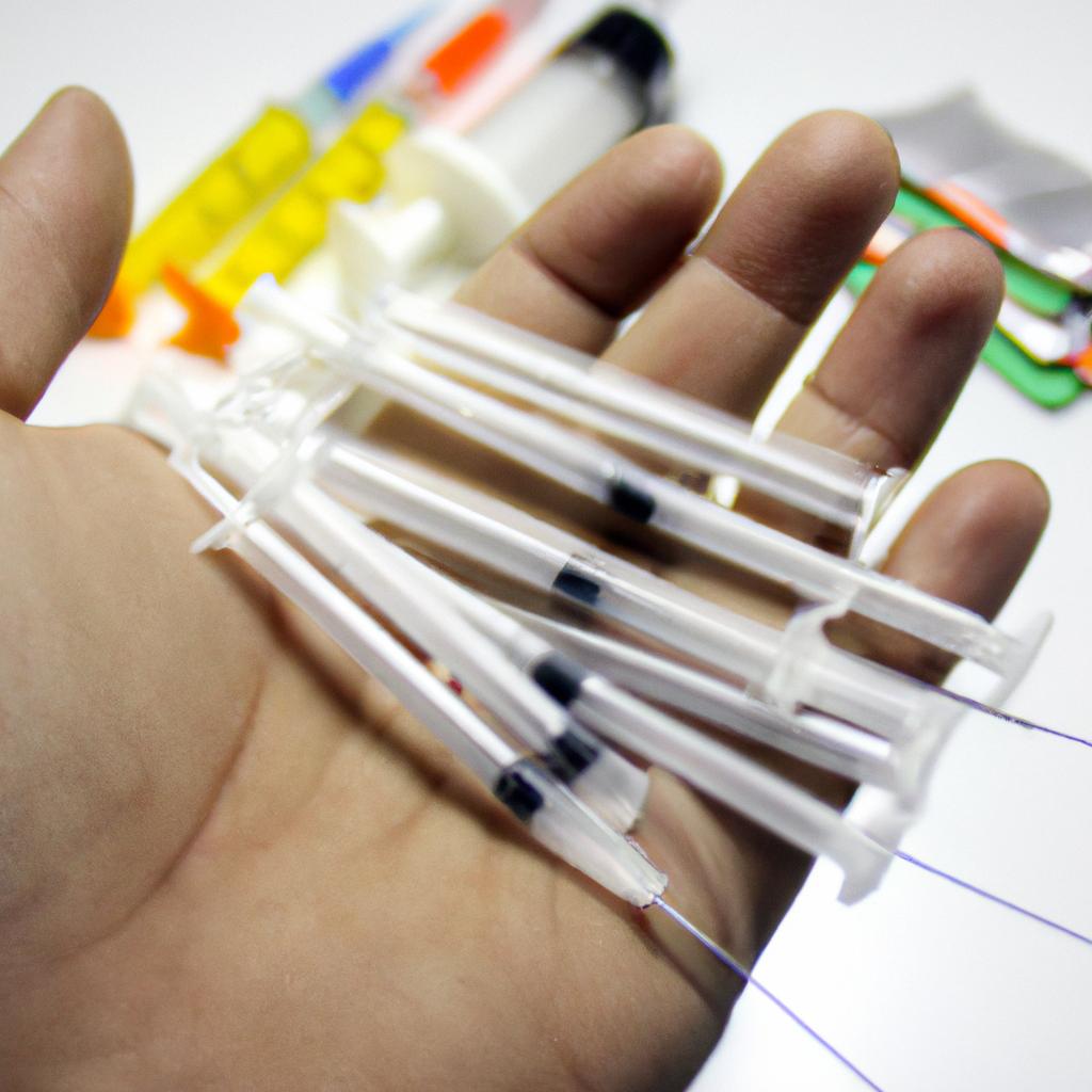 Person holding medical supplies, syringes